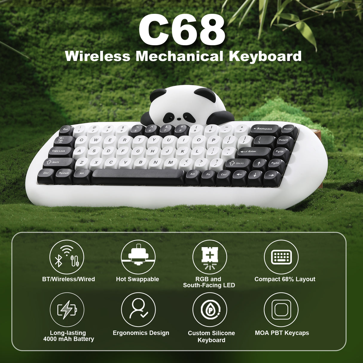 YUNZII C68 Panda Wireless Hi-Fi Mechanical Keyboard