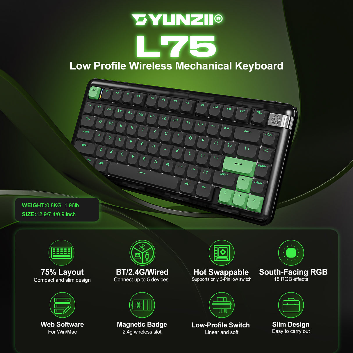 YUNZII L75 Low Profile Wireless Mechanical Keyboard