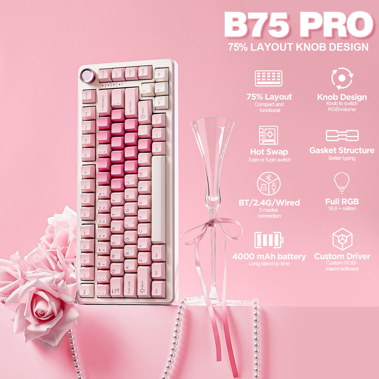 YUNZII B75 Pro Pink Wireless Mechanical Keyboard