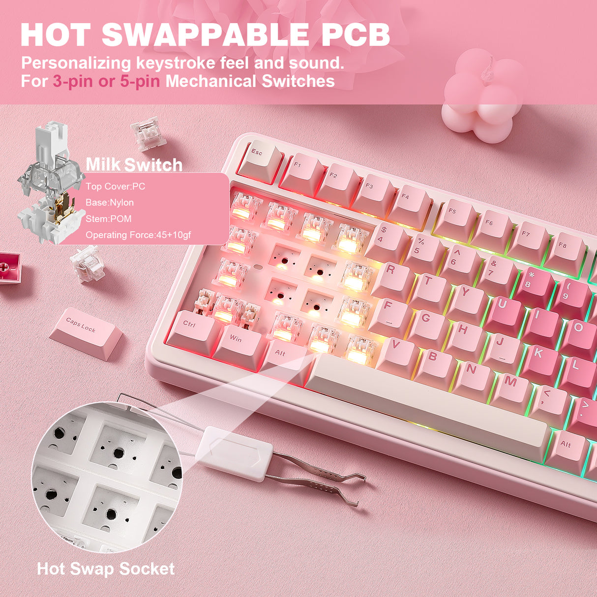 YUNZII B75 Pro Pink Wireless Mechanical Keyboard