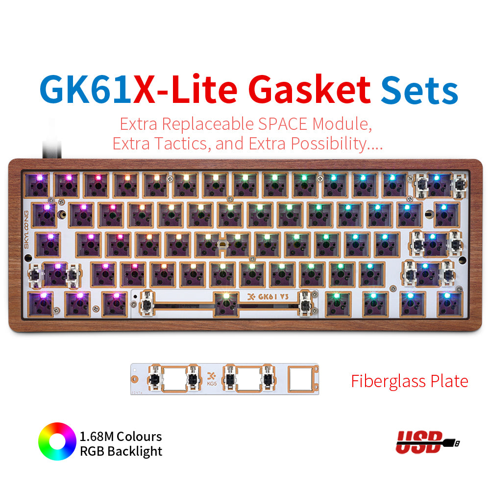 YUNZII SKYLOONG GK61 / GK68 Lite-Gasket Keyboard Kit With Wooden Keyboard  Case